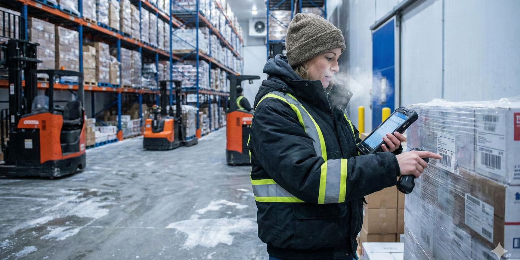 Eine Arbeiterin in einem Kühllager, die mit einem Tablet Barcodes auf einer Palette mit Kartons scannt, im Hintergrund sind Gabelstapler und hohe Regale zu sehen.